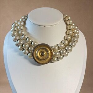 Vintage 3 Strand Faux Pearl Statement Necklace Gold Tone Oversized Pendant 80s